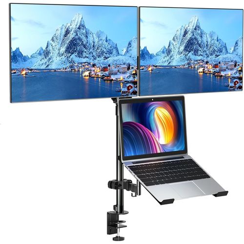 Double Bras de Ecran PC avec Plateau,Entirement Rglable pour Ecran LED LCD de 17  32 Pouces et Ordinateur Portable jusqu' 17,Inclinaible Pivotant et Rotable,2 Options de Montage