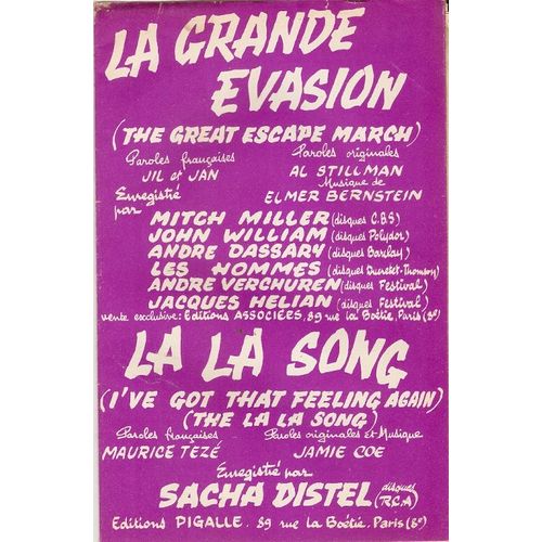 Double Partition Sacha Distel La La Song / John William Andre Dassary Mitch Miller Les Hommes La Grande vasion
