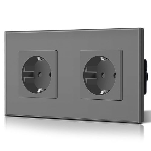 Double Prise Schuko Normal-2 Prises-Norme Ue-Encastre-Avec Cble De Terre-Installation Facile-Plaque En Verre Cristal-16 A-250 V-Rallonge De 157 Mm-Gris