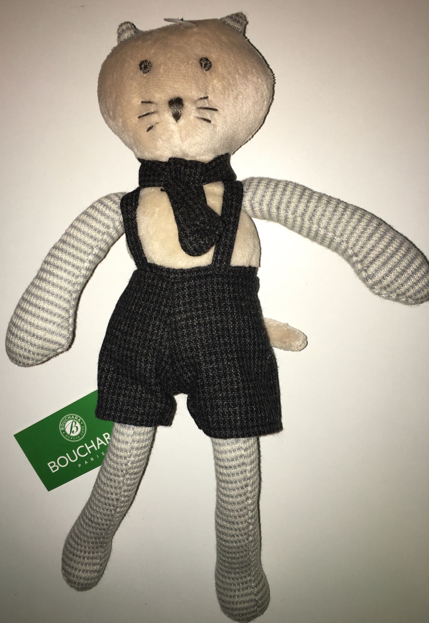 Doudou Chat Bouchara 31cm Jouet Bebe Eveil Naissance Chadou Echarpe Bermuda Bretelles Noir Gris Carreaux Bras Rayes Rakuten