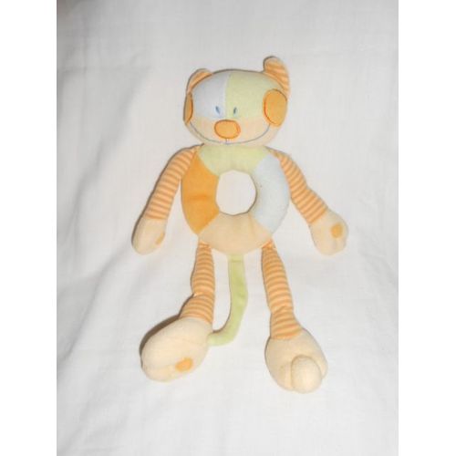 Doudou Chat Grand Hochet Kimbaloo La Halle Multicolore Orange Raye Jaune Bleu Vert Grelot 27 Cm