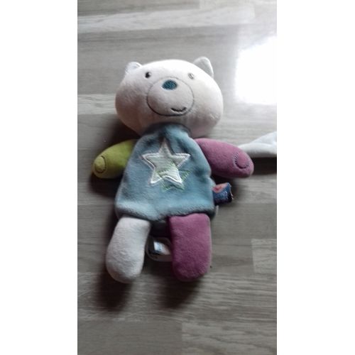 Doudou Chat Ours De Couleur Bleu Vauve Vert Anis Etoiles Broder Sur Le Devand Un Range Tetine Dans Le Dot Avec Acroche Tetine Mesure 20