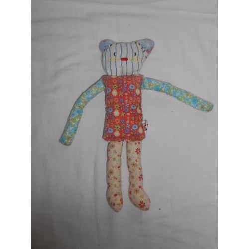 Doudou Chat Patchwork Catimini Multicolore Fleur Rouge Bleu Vert Jaune Blanc Raye Numero 439