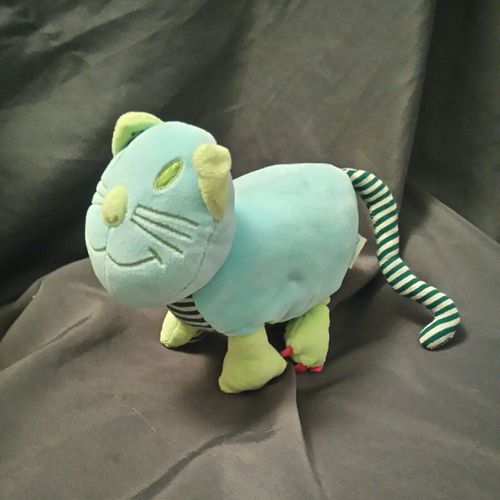 Doudou Chat Tcf Tout Compte Fait  Comptoir Francais De La Mode Bleu Vert Ray   Peluche