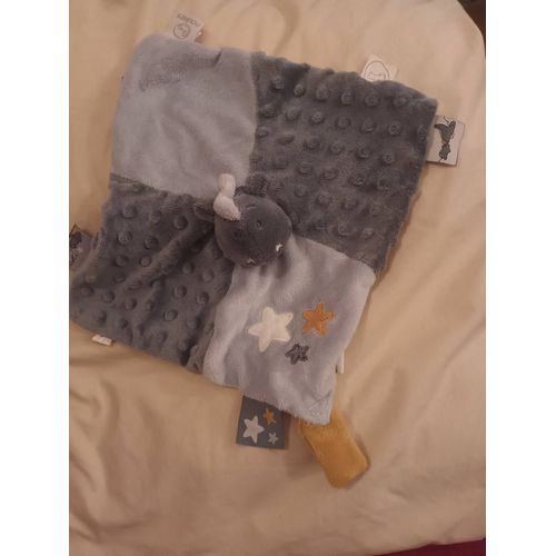 Doudou Dragon Victor Noukies Noukie S Bleu Etoilee Gris Jaune Blanc Plat Carre Attache Sucette Tetine