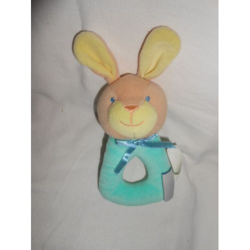 Doudou Hochet Grelot Lapin Vert Bleu Jaune Saumon Orange Ruban Pommette Intermarche
