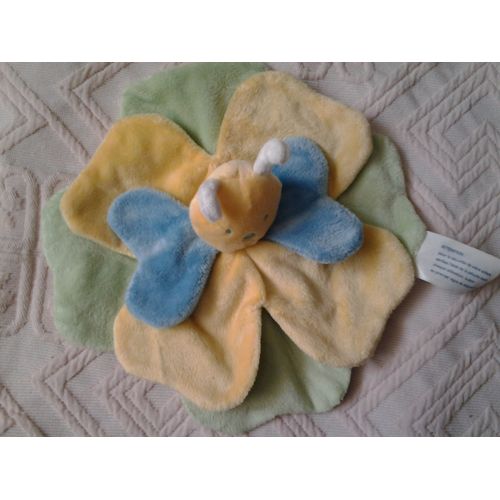 Doudou Kimbaloo Bleu Jaune Vert Fleur Papillon Abeille