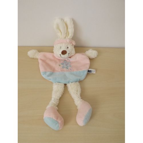 Doudou Lapin Blanc Rose Bleu Fleur Tex