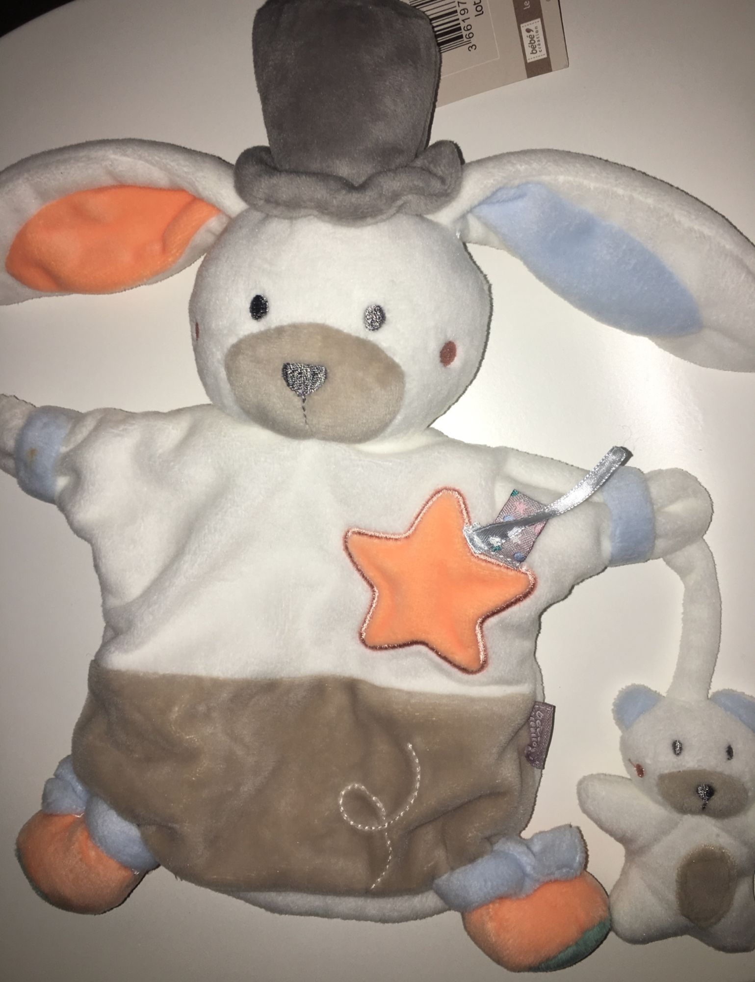 Doudou Lapin Charlestone Bebe 9 Petit Ours Marionnette Blanc Beige Orange Saumon Bleu Chapeau Haut De Forme Rakuten