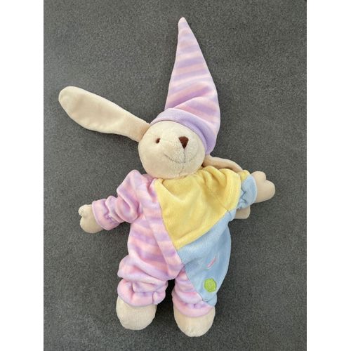 Doudou Lapin Cmp Bonnet Mauve Rose Jaune Bleu