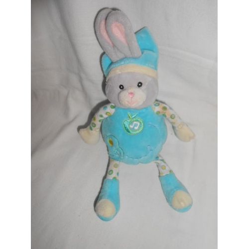 Doudou Lapin Musical Gipsy Peluche Gris Bleu Pomme Vert Rond Bulle Bonnet Jaune Tissus Pois Boite A Musique