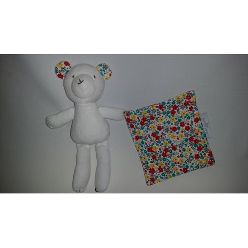 Doudou Mouchoir Ours Ourson Cadet Rousselle Paris Blanc Fleur Rouge Jaune Bleu Grisjouet Bebe Naissance Peluche veil Enfant Blankie Blanket Comforter Soft Toys Plush