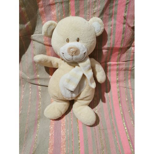 Doudou Ours Ecru Jaune Echarpe Raye Pommette