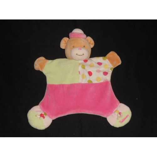 Doudou Ours Plat Rose Vert - Chapeau