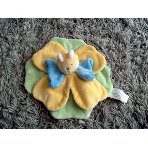 Doudou Papillon Plat Trefle Feuille Fleur Jaune Vert Bleu