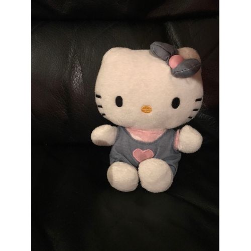 Doudou Peluche Hello Kitty Salopette Bleu Coeur Noeud Papillon 15cm