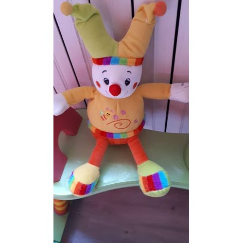 Doudou Peluche Lutin Clown Arlequin Assis Jaune Orange Vert Blanc Broderie Abeille Grelot Import Par Fl B.V
