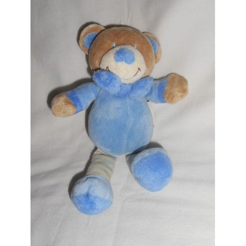 Doudou Peluche Ours Grain De Ble Bleu Raye charpe Creme Ecru Beige Jaune 20cm