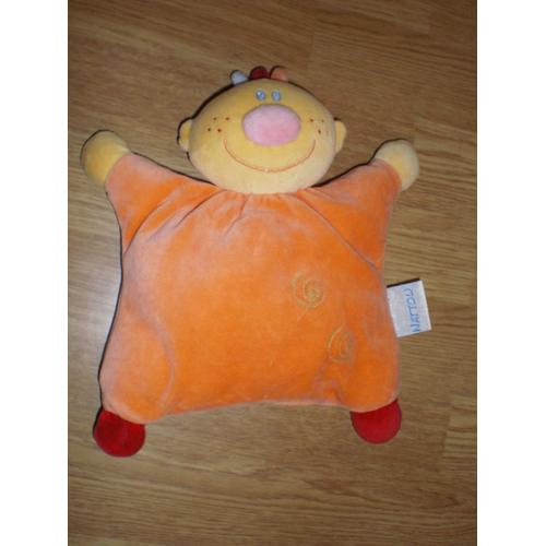 Doudou Peluche Ours Poupe Doll Garon Billy Orange Rouge Nez Rose Spirales Nattou Aubert  Hochet Semi Plat 