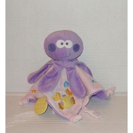 Doudou Peluche Plat Attache Tetine Pieuvre Mots D Enfants Leclerc Rose Violet Mauve Bleu Crabe Jaune Brode Rakuten