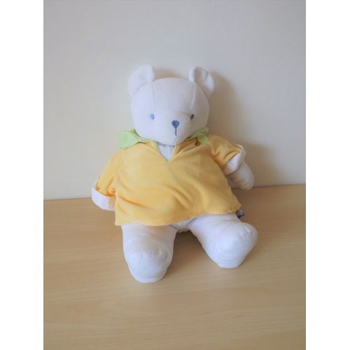 Doudou Peluche Range Pyjama Ours Blanc Jaune Sucre D'orge