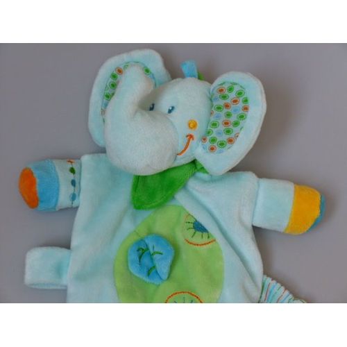 Doudou Plat lphant Attache Ttine, Bleu Clair, Vert Et Jaune, Feuille, Nicotoy