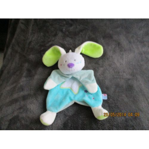 Doudou Plat Lapin Bleu Turquoise Imprim toile Blanche Luminescent/Phosphorescent Sucre D'orge