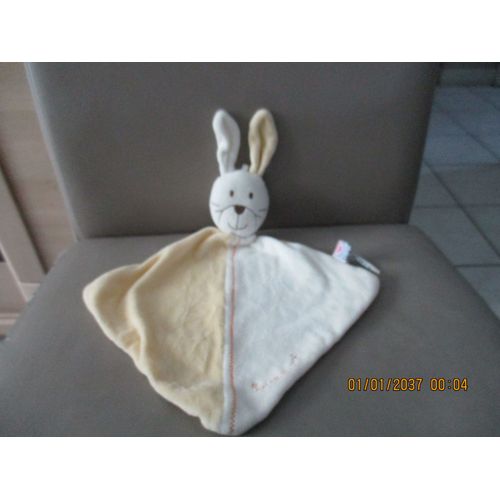Doudou Plat Lapin Jaune Et Blanc Sucre D'orge