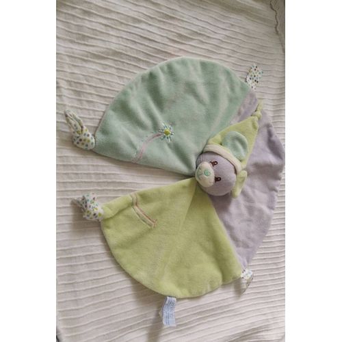 Doudou Plat Rond Souris Gipsy Mauve Vert Bleu Fleur Marguerite Brode Pois