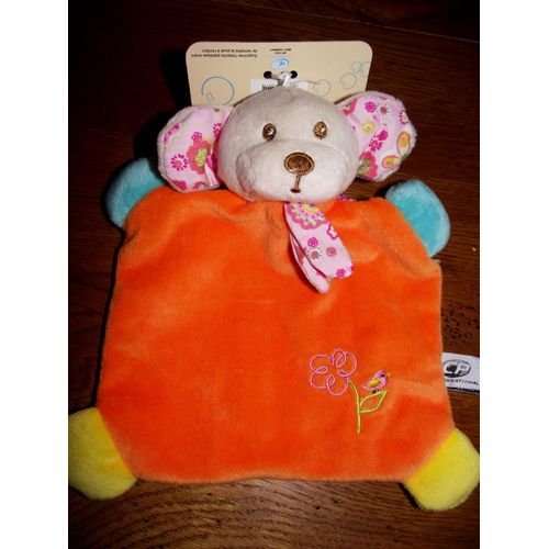 Doudou Plat  Souris Cp International  Orange Bleu Turquoise Jaune  Fleurs  Oiseau