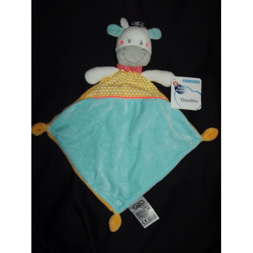 Doudou Plat Vache Girafe Mots D'enfants Leclerc Siplec 3 Noeuds  Bleu Turquoise Jaune Blanc Multicolore Plush Comforter Soft Toy Peluche 