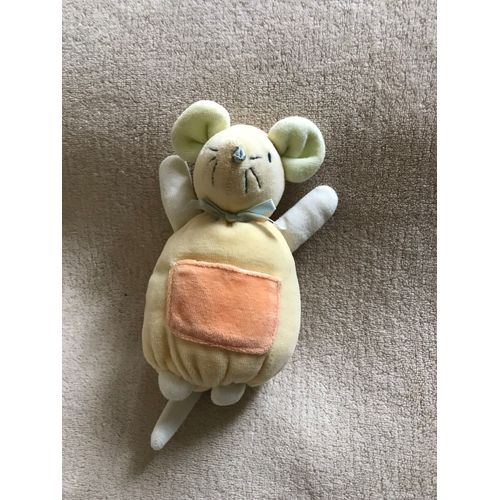 Doudou - Souris Jaune Avec Une Poche Orange Ayant Un Petit Mouchoir Blanc Cach Dedans