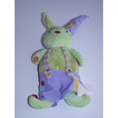 Doudou Vertbaudet Vert Baudet Lapin Clown Vert Salopette Violet Chapeau Etoile