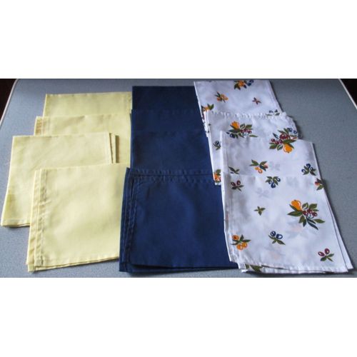 Douze Serviettes De Table Carr DAzur De Movitex - 42x42 Cm - 65% Polyester/35% Coton-Bords Piqus Machine : 4 Bleu Marine + 4 Jaune Vif + 4 Fond Blanc Gaiement Dcor De Fruits Et Feuillage