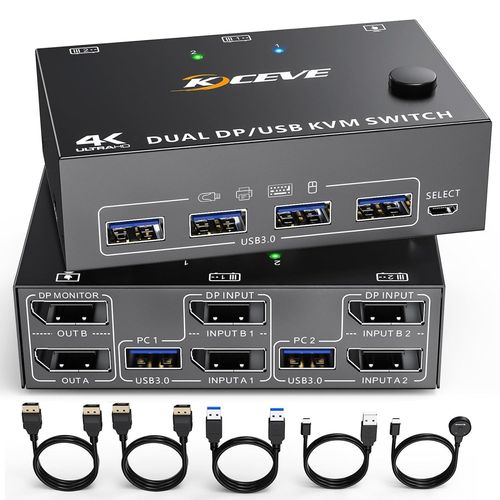 Dp Kvm Switch Deux Moniteurs, Displayport Usb 3.0 Kvm Commutateur Pour 2 Ordinateurs 2 Moniteurs, Prend En Charge 4K @ 60Hz Pour 2 Pc Qui Partagent Clavier, Souris Et Moniteur[HUB6110739]