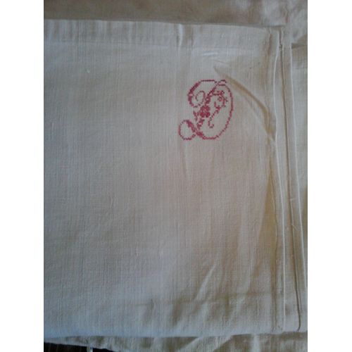 Drap Ancien Brod Lin Ancien 2 Ls Cousus Bord  Bord Pour Lit 2 Places 242 X 168. Monogramme D Point De Croix Rouge Ple