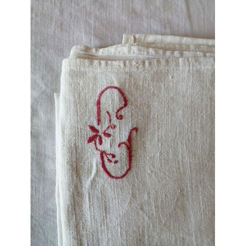 Drap Ancien Brod Lin Ancien 2 Ls Cousus Bord  Bord Pour Lit 2 Places 256 X 180. Monogramme C Point De Croix Rouge Ple