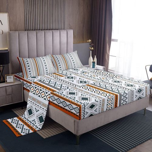 Draps A Rayures Style Boho Avec Drap-Housse A Poche Profonde, Ensemble De Draps Ethniques Bohemia, Draps De Lit Imprimes Orange Retro, Beddi Colore