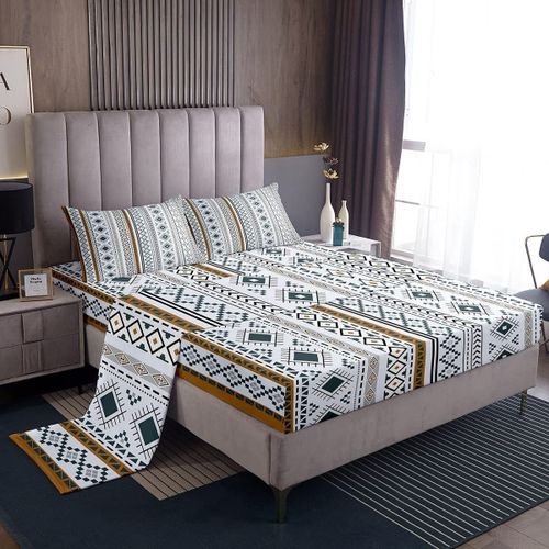 Draps Ethniques Bohemia Retro Avec Drap-Housse A Poche Profonde, Ensemble De Draps A Rayures Boho, Ensemble De Draps De Lit Ethnique Bohemia En Microfibre