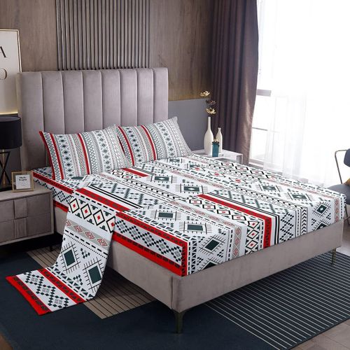 Draps Ethniques Bohemia Rouge Avec Drap-Housse A Poche Profonde, Ensemble De Draps A Rayures Retro Boho, Ensemble De Draps De Lit Bohemia Colores