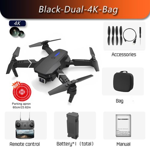 Drone E88 Pro Rc 4k Professionnel Avec Camra Hd Grand Angle 1080p Pour Touriste,Hlicoptre Rc Pliable,Wifi,Fpv,Recommande De Tenir Un Tablier,Vente - Type Black-Dual-4k-Bag #A