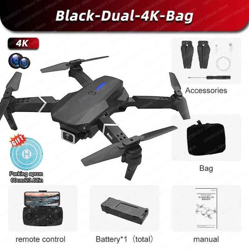 Drone E88 Pro Rc 4k Professionnel Avec Camra Hd Grand Angle 1080p Pour Touriste,Hlicoptre Rc Pliable,Wifi,Fpv,Recommande De Tenir Un Tablier,Vente - Type Black-Dual-4k-Bag #B