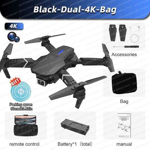 Drone E88 Pro Rc 4k Professionnel Avec Camra Hd Grand Angle 1080p Pour Touriste,Hlicoptre Rc Pliable,Wifi,Fpv,Recommande De Tenir Un Tablier,Vente - Type Black-Dual-4k-Bag #D