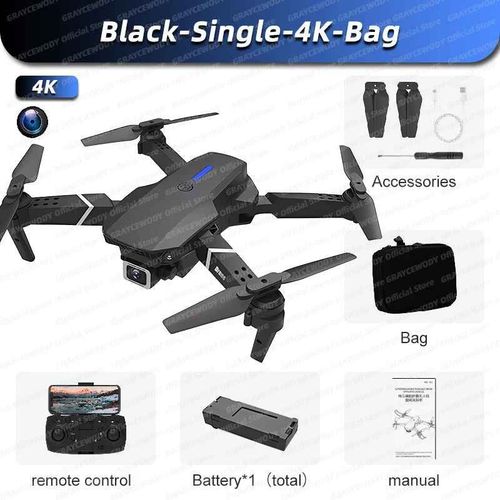 Drone E88 Pro Rc 4k Professionnel Avec Camra Hd Grand Angle 1080p Pour Touriste,Hlicoptre Rc Pliable,Wifi,Fpv,Recommande De Tenir Un Tablier,Vente - Type Black-Single-4k-Bag #B