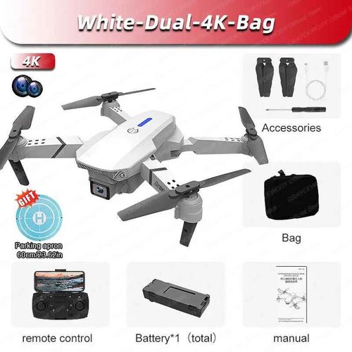 Drone E88 Pro Rc 4k Professionnel Avec Camra Hd Grand Angle 1080p Pour Touriste,Hlicoptre Rc Pliable,Wifi,Fpv,Recommande De Tenir Un Tablier,Vente - Type White-Dual-4k-Bag #C