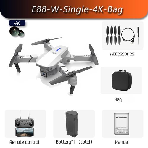 Drone E88 Pro Rc 4k Professionnel Avec Camra Hd Grand Angle 1080p Pour Touriste,Hlicoptre Rc Pliable,Wifi,Fpv,Recommande De Tenir Un Tablier,Vente - Type White-Single-4k-Bag #A