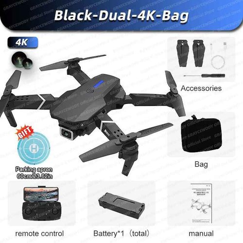 Drone E88 Pro Wifi Fpv Rc 4k Hd,Avec Camra Grand Angle 1080p,Hlicoptre Rc Pliable,Recommand Pour Tenir Un Tablier - Type Black-Dual-4k-Bag