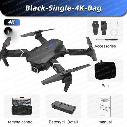 Drone E88 Pro Wifi Fpv Rc 4k Hd,Avec Camra Grand Angle 1080p,Hlicoptre Rc Pliable,Recommand Pour Tenir Un Tablier - Type Black-Single-4k-Bag