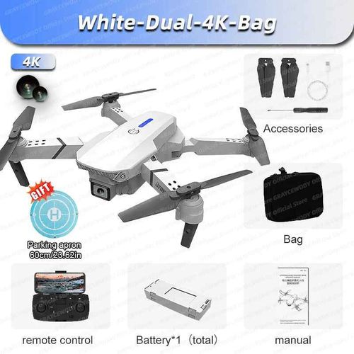 Drone E88 Pro Wifi Fpv Rc 4k Hd,Avec Camra Grand Angle 1080p,Hlicoptre Rc Pliable,Recommand Pour Tenir Un Tablier - Type White-Dual-4k-Bag