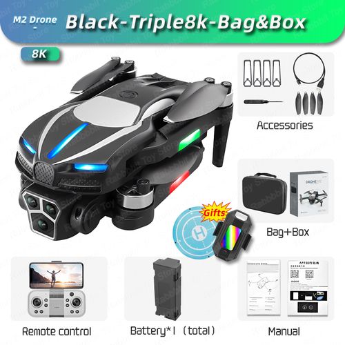 Drone Professionnel  Triple Camra 8k,4k Esc Wifi Fpv,vitement D'obstacles,Quatre Axes,Pliable,Rc,Photographie Arienne,Jouet,Vente Tablier - Type Black Triple8k Bag #A